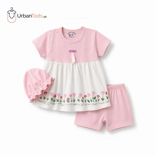 BABY BLOSSOM PINK TULIP 3 PCS FROCK SET