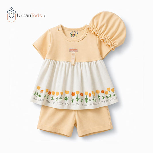 BABY PEACHY BLOSSOM 3 PCS FROCK SET