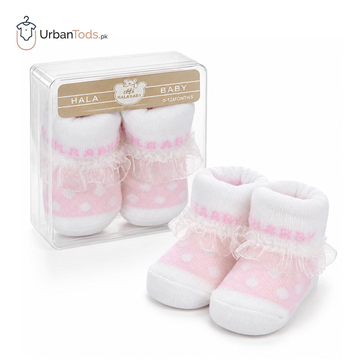BABY PINK POLKA DOT RUFFLE BOOTIE SOCKS - 0-12 MONTHS