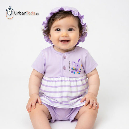 Baby Purple Bunny Striped 3 Pcs Frock Set
