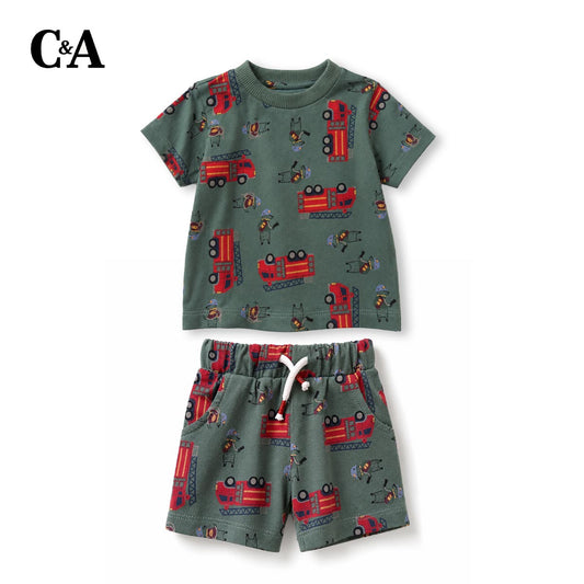 C&A GREEN FIRE TRUCK PRINT T-SHIRT WITH SHORTS 2 PCS SET