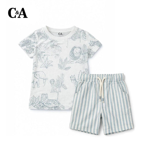 Boys White Safari Print T-shirt with Shorts 2 Pcs Set