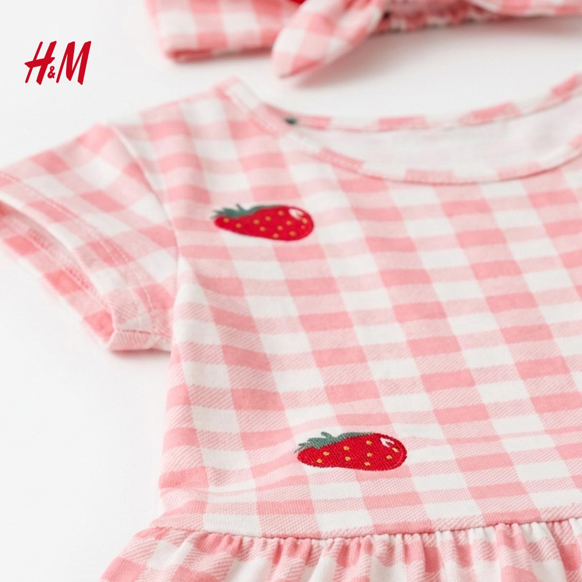 H&M PINK STRAWBERRY GINGHAM DRESS WITH HEADBAND