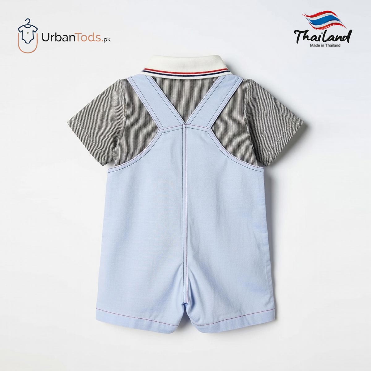 KIDS LIGHT BLUE SHARK FRIEND STRIPED POLO & OVERALL SET
