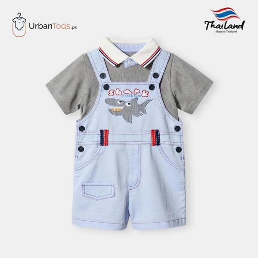Kids Light Blue Shark Friend Striped Polo & Overall Set