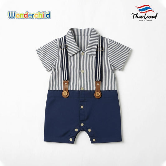 Wonderchild Blue Striped Romper with Faux Suspenders