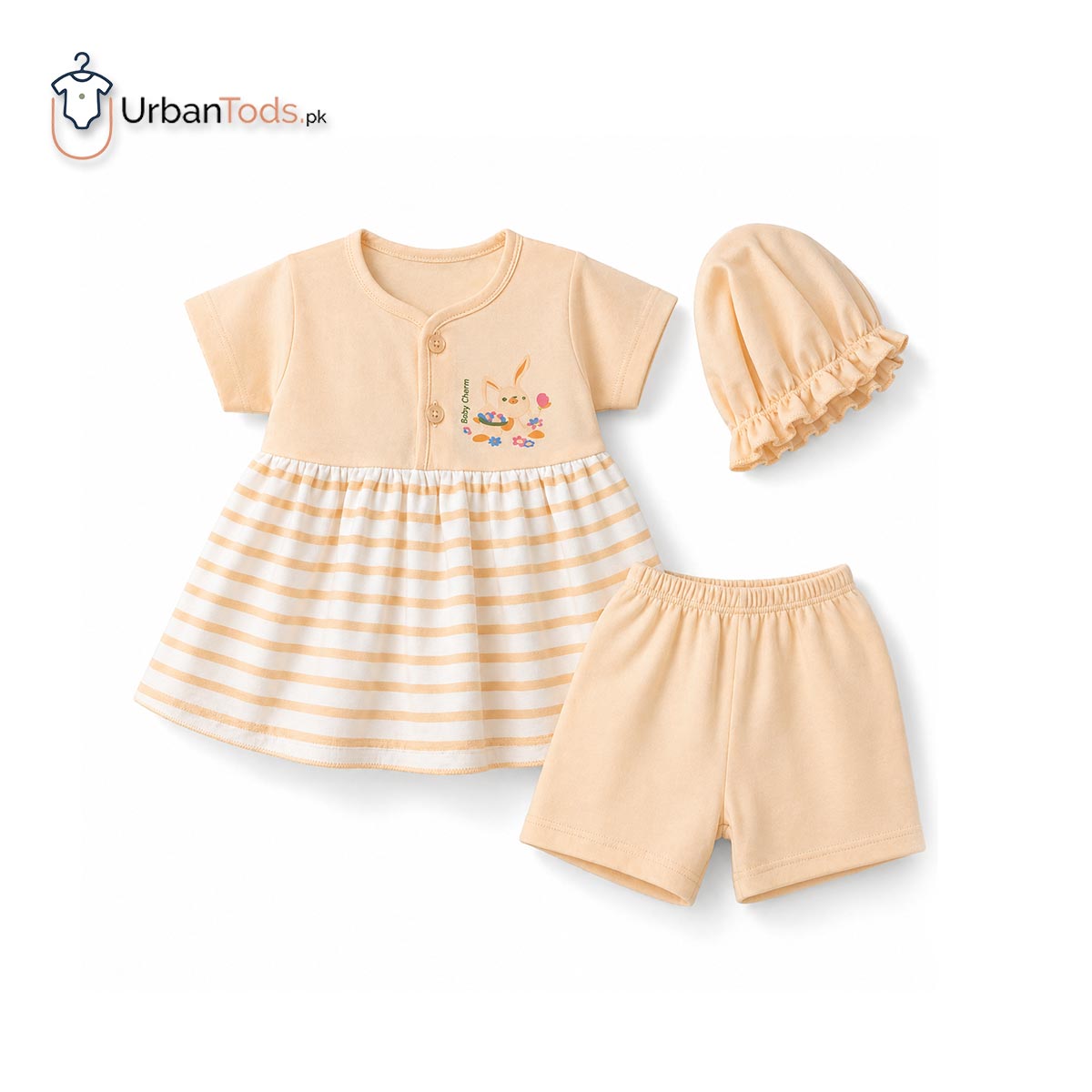 BABY PEACHY BUNNY STRIPED 3 PCS FROCK SET