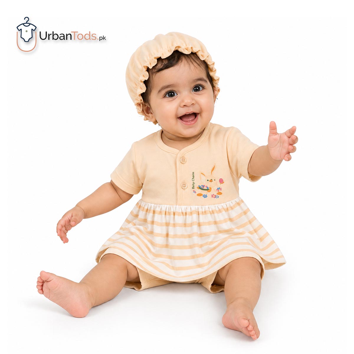 BABY PEACHY BUNNY STRIPED 3 PCS FROCK SET