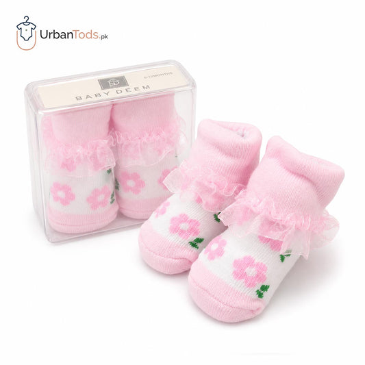 BABY PINK BLOSSOM RUFFLE BOOTIE SOCKS - 0-12 MONTHS