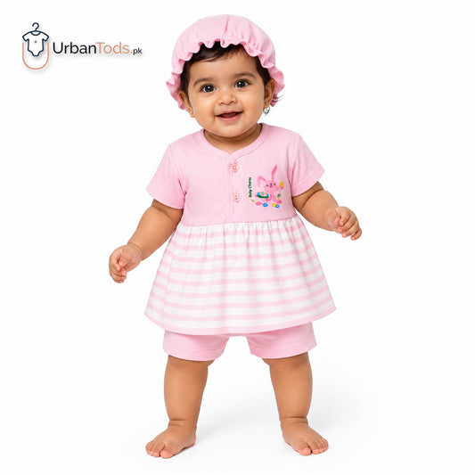 BABY PINK BUNNY STRIPED 3 PCS FROCK SET