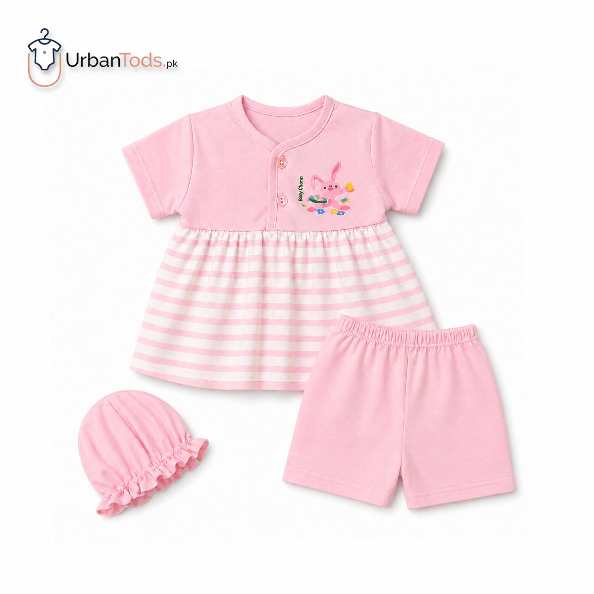 BABY PINK BUNNY STRIPED 3 PCS FROCK SET
