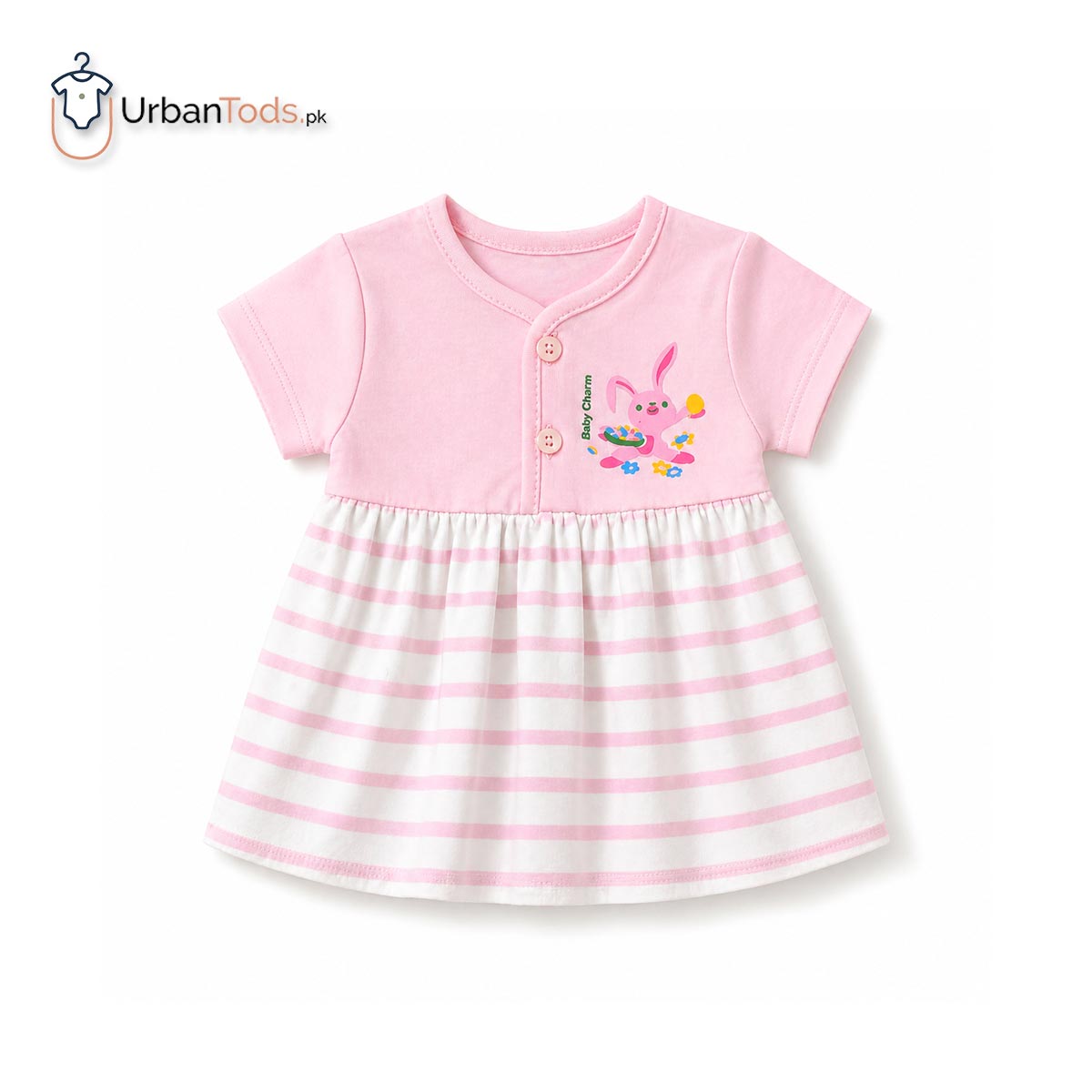 BABY PINK BUNNY STRIPED 3 PCS FROCK SET