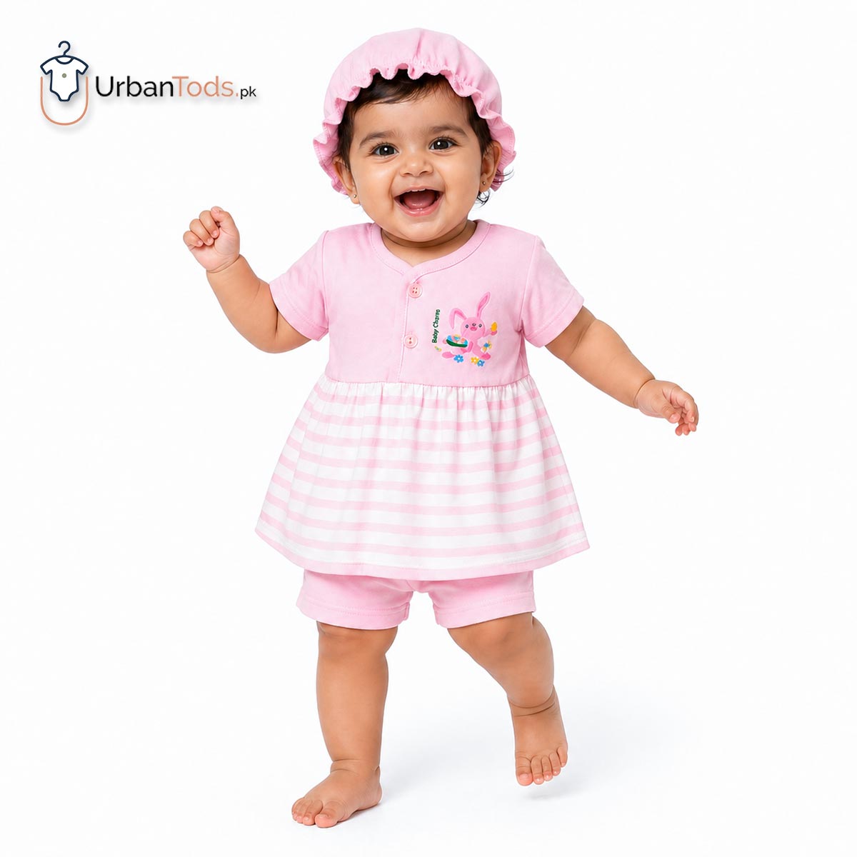 BABY PINK BUNNY STRIPED 3 PCS FROCK SET