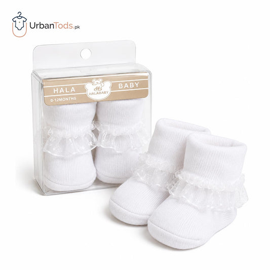 BABY PURE WHITE LACE RUFFLE BOOTIE SOCKS - 0-12 MONTHS