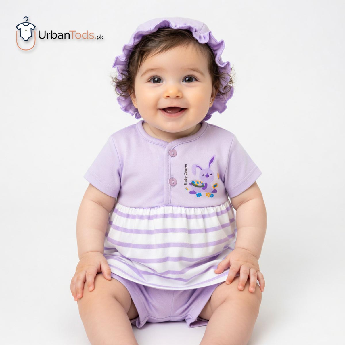 BABY PURPLE BUNNY STRIPED 3 PCS FROCK SET