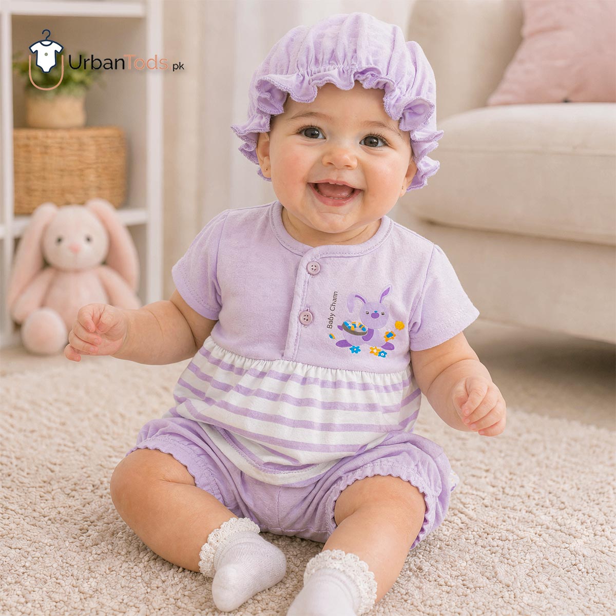 BABY PURPLE BUNNY STRIPED 3 PCS FROCK SET