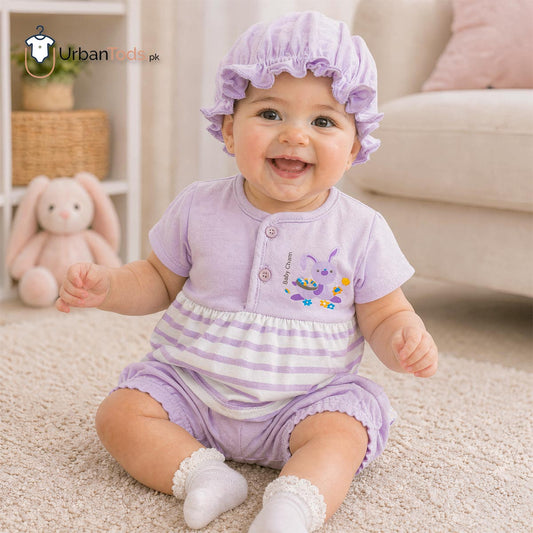 BABY PURPLE BUNNY STRIPED 3 PCS FROCK SET