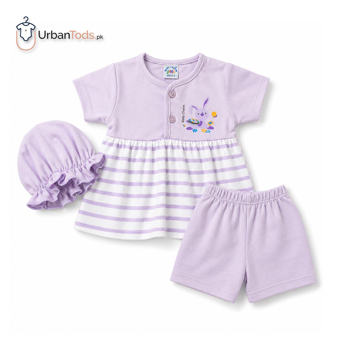 BABY PURPLE BUNNY STRIPED 3 PCS FROCK SET
