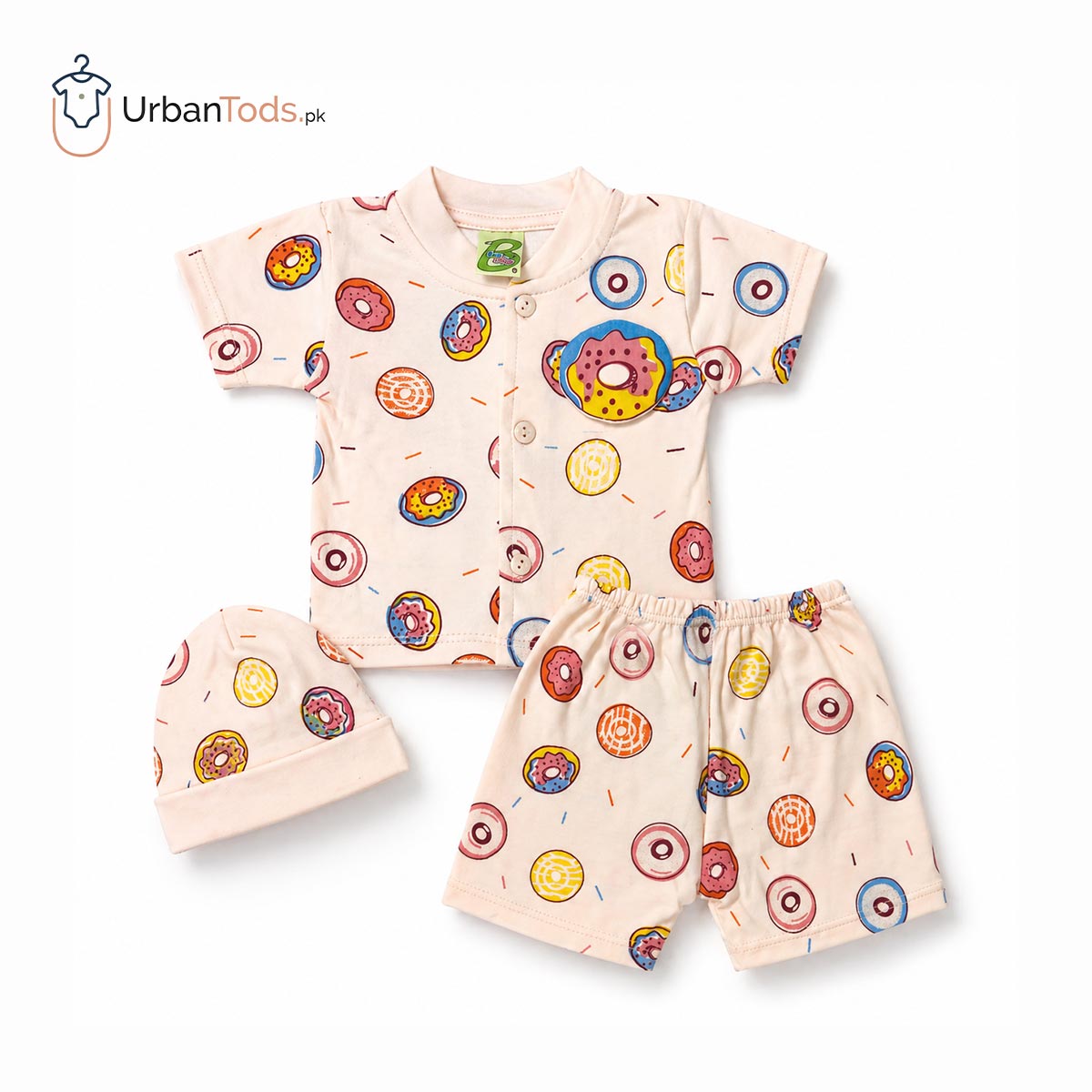 BEE STEP PEACH DONUT T-SHIRT WITH SHORTS & CAP- 3 PCS SET