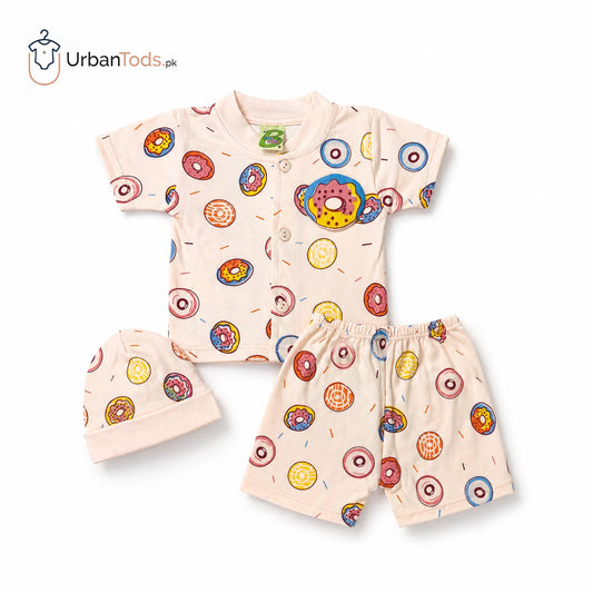 BEE STEP PEACH DONUT T-SHIRT WITH SHORTS & CAP- 3 PCS SET