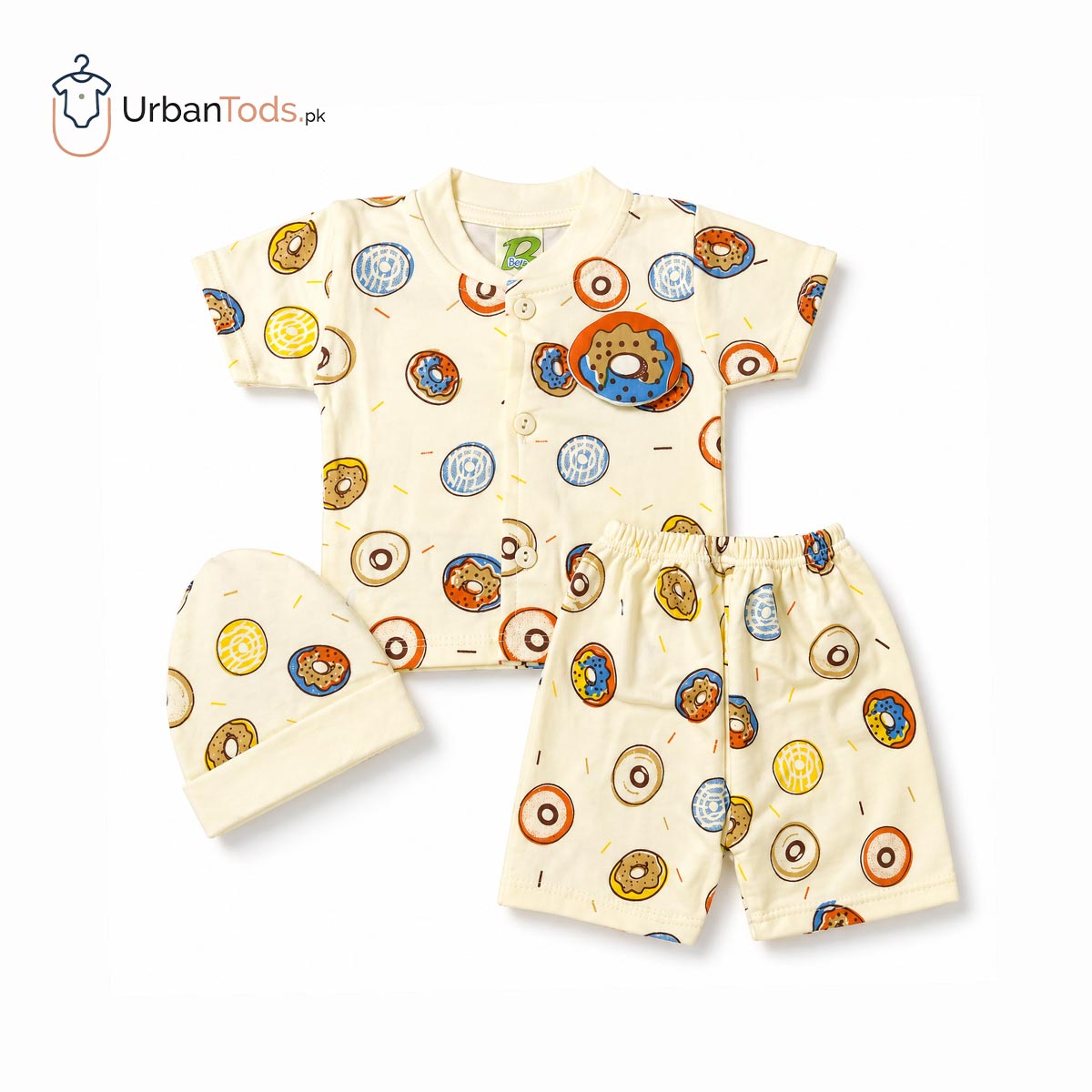 BEE STEP SOFT YELLOW DONUT T-SHIRT WITH SHORTS & CAP- 3 PCS SET