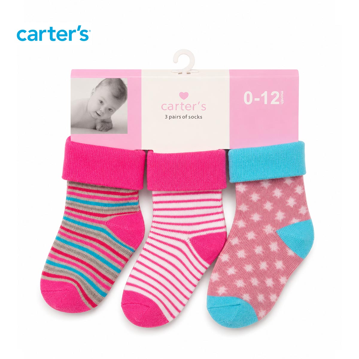CARTERS PINK AND TEAL PATTERNED SOCK SET (3 PACK)