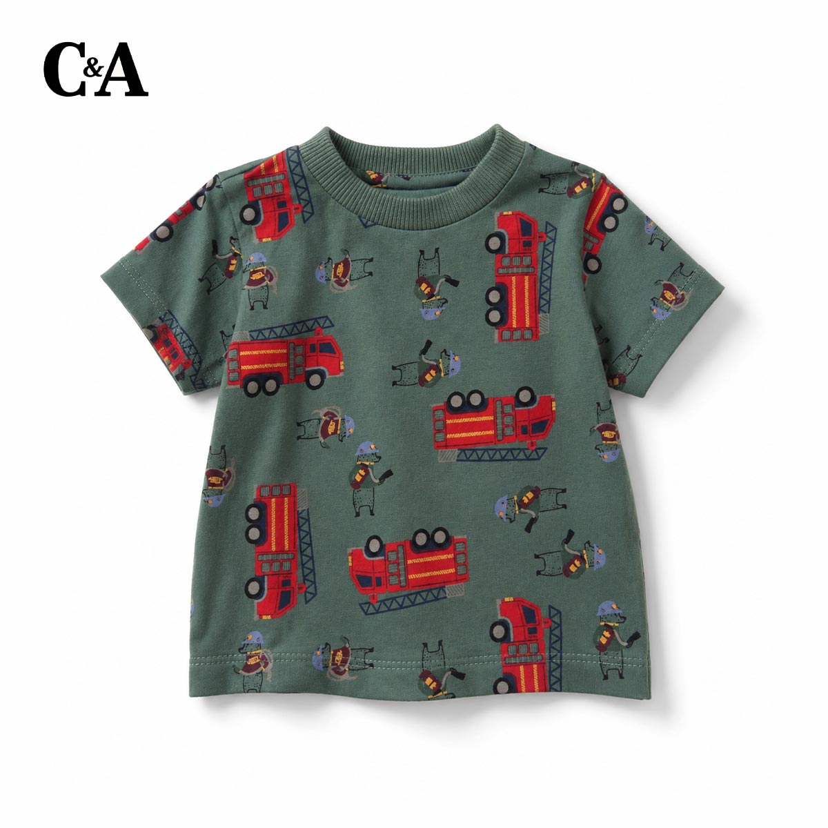 C&A GREEN FIRE TRUCK PRINT T-SHIRT WITH SHORTS 2 PCS SET