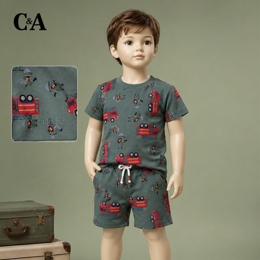 C&A GREEN FIRE TRUCK PRINT T-SHIRT WITH SHORTS 2 PCS SET