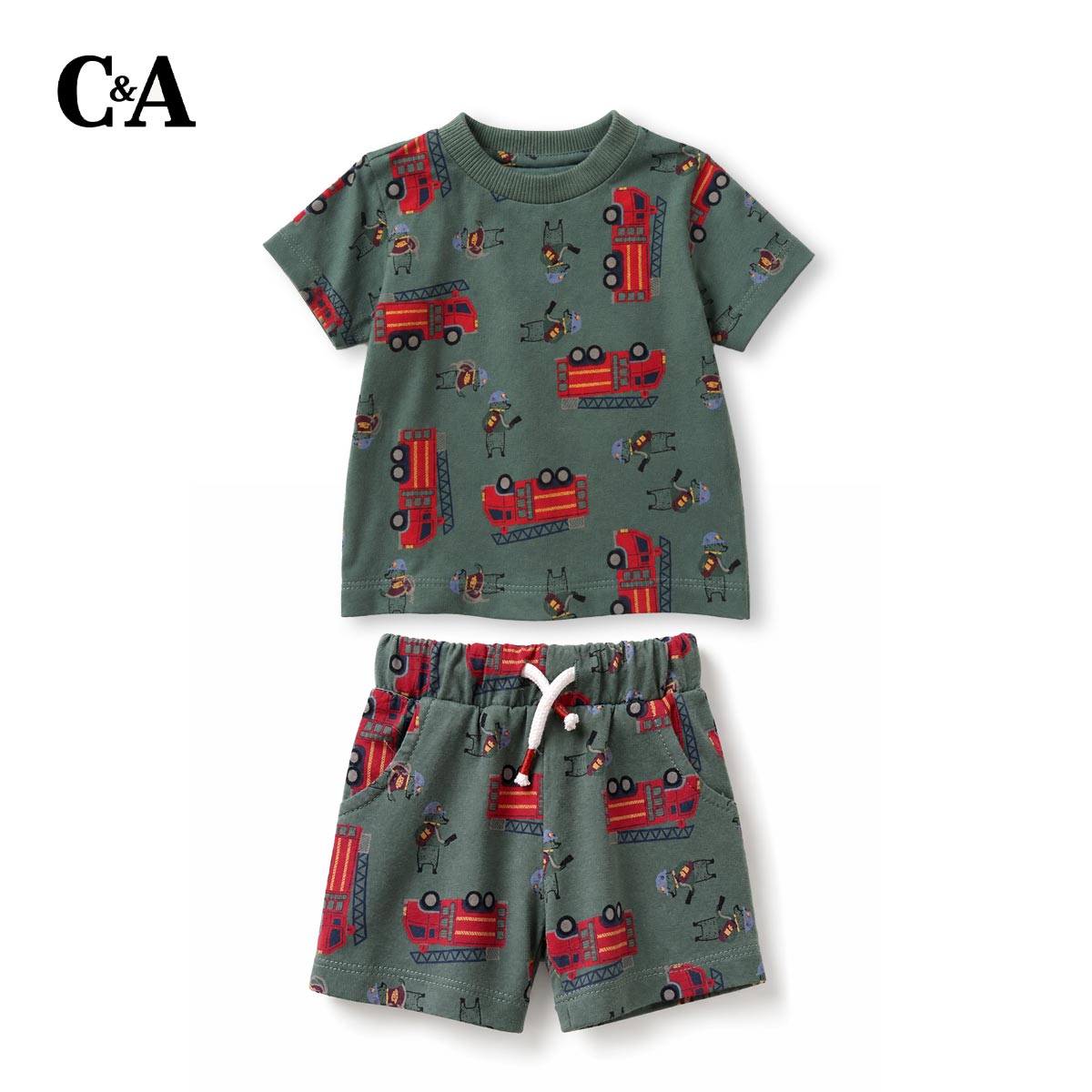 C&A GREEN FIRE TRUCK PRINT T-SHIRT WITH SHORTS 2 PCS SET