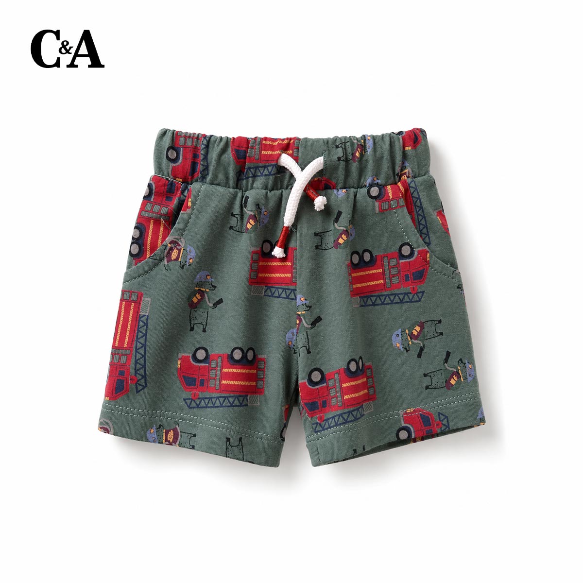 C&A GREEN FIRE TRUCK PRINT T-SHIRT WITH SHORTS 2 PCS SET