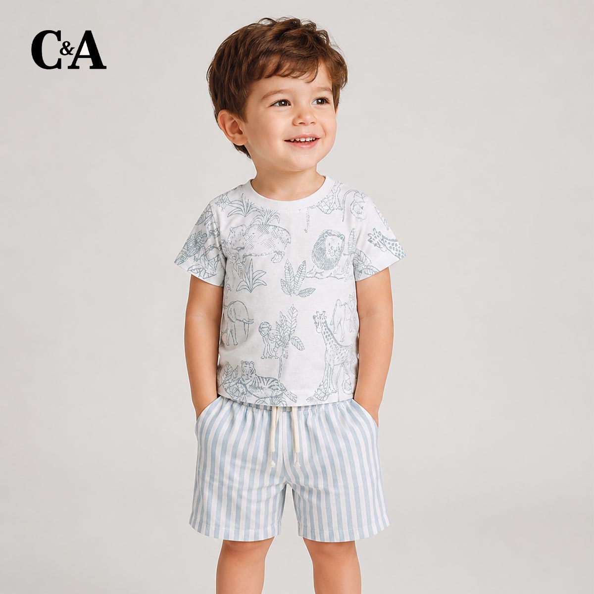 C&A WHITE SAFARI PRINT T-SHIRT WITH SHORTS 2 PCS SET