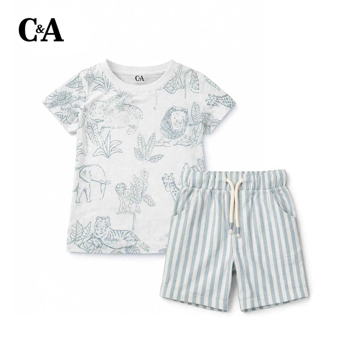 C&A WHITE SAFARI PRINT T-SHIRT WITH SHORTS 2 PCS SET