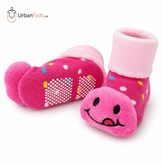 FUCHSIA SMILEY FACE ANTI SLIP BOOTIE SOCKS