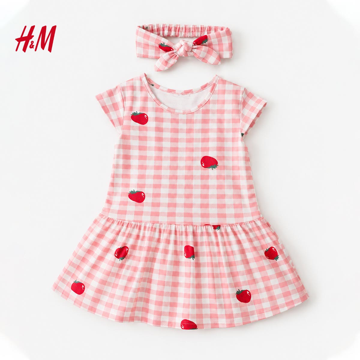 H&M PINK STRAWBERRY GINGHAM DRESS WITH HEADBAND
