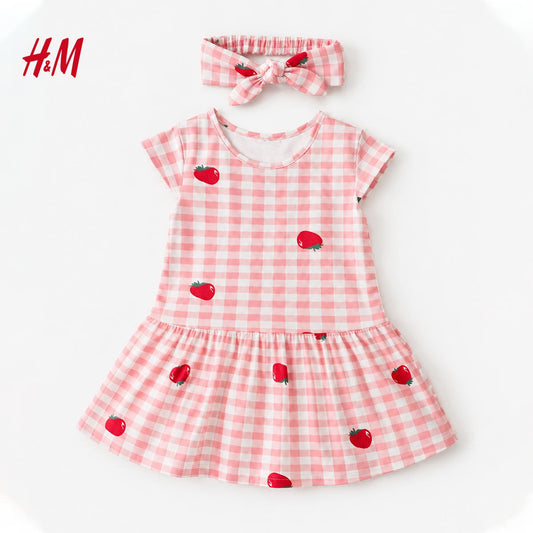 H&M PINK STRAWBERRY GINGHAM DRESS WITH HEADBAND