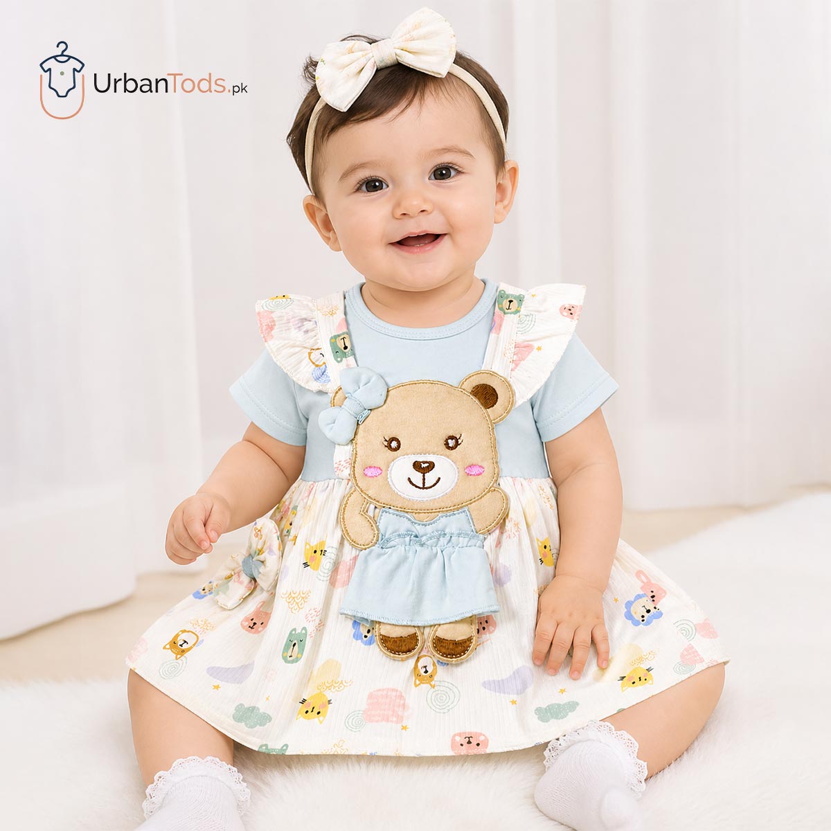 Just Born Poweder Blue Bear Frock Romper