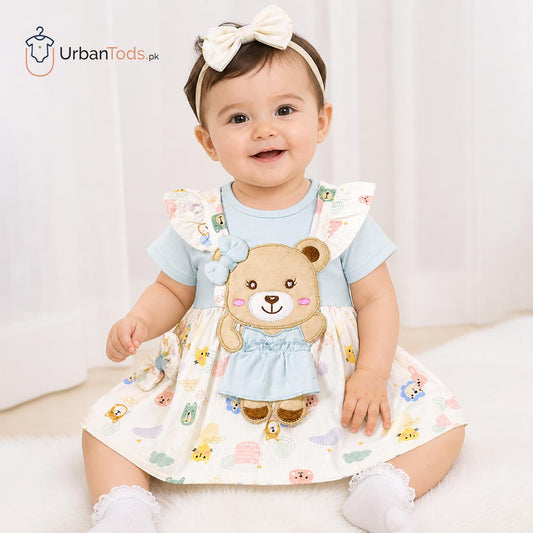 Just Born Poweder Blue Bear Frock Romper