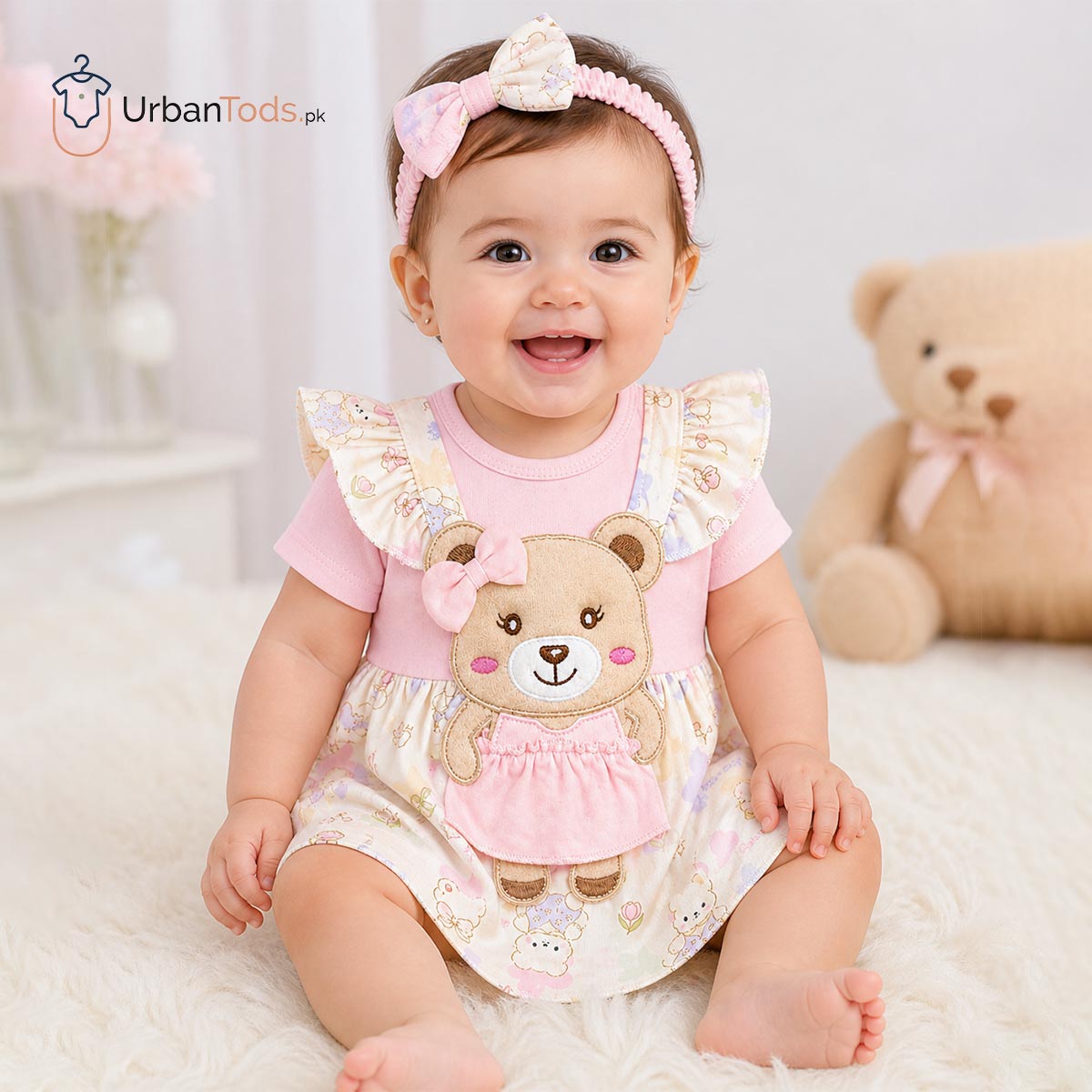 Just Born Poweder Pink Bear Frock Romper