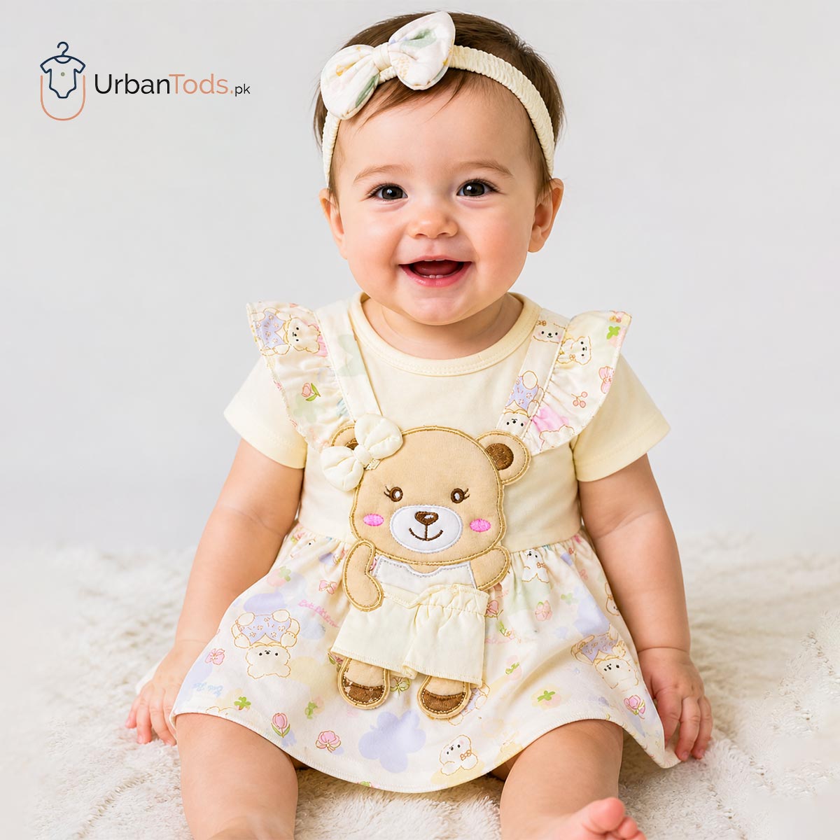 Just Born Poweder Yellow Bear Frock Romper