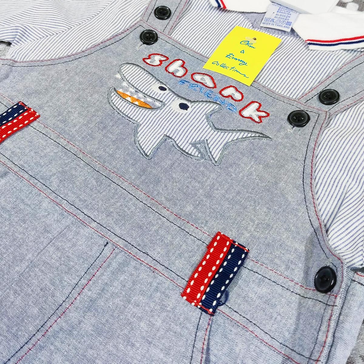 KIDS LIGHT GREY SHARK FRIEND STRIPED POLO & OVERALL SET