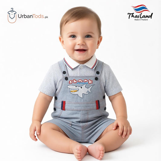 KIDS LIGHT GREY SHARK FRIEND STRIPED POLO & OVERALL SET
