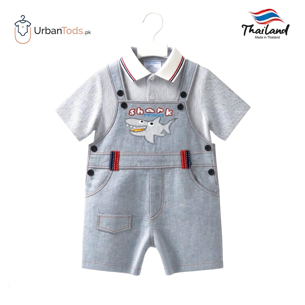 KIDS LIGHT GREY SHARK FRIEND STRIPED POLO & OVERALL SET