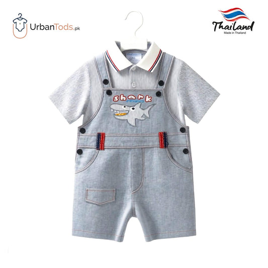 Kids Light Grey Shark Friend Striped Polo & Overall Set