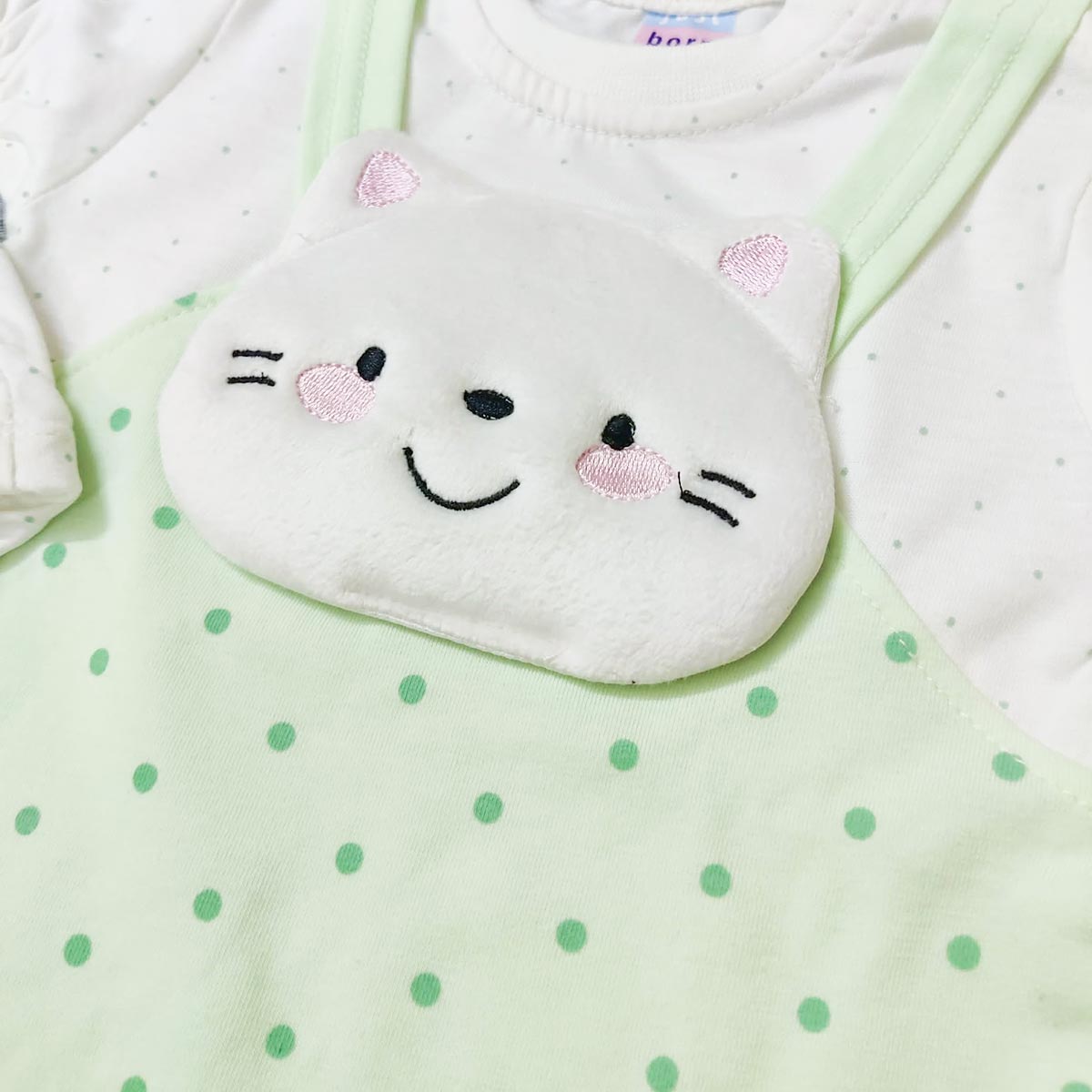 KIDS MINTY KITTY POLKA DOT ROMPER WITH CAP
