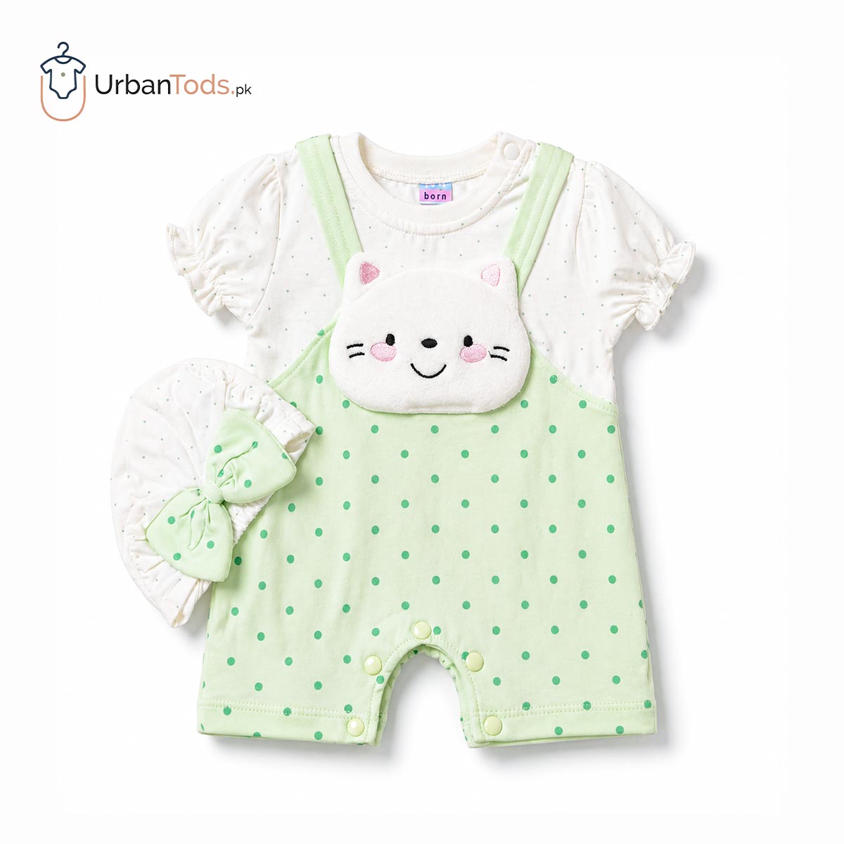 KIDS MINTY KITTY POLKA DOT ROMPER WITH CAP