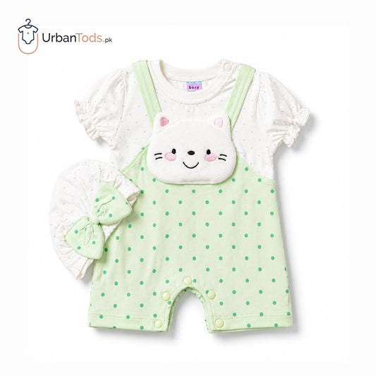 KIDS MINTY KITTY POLKA DOT ROMPER WITH CAP
