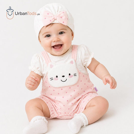 KIDS PINK KITTY POLKA DOT ROMPER WITH CAP