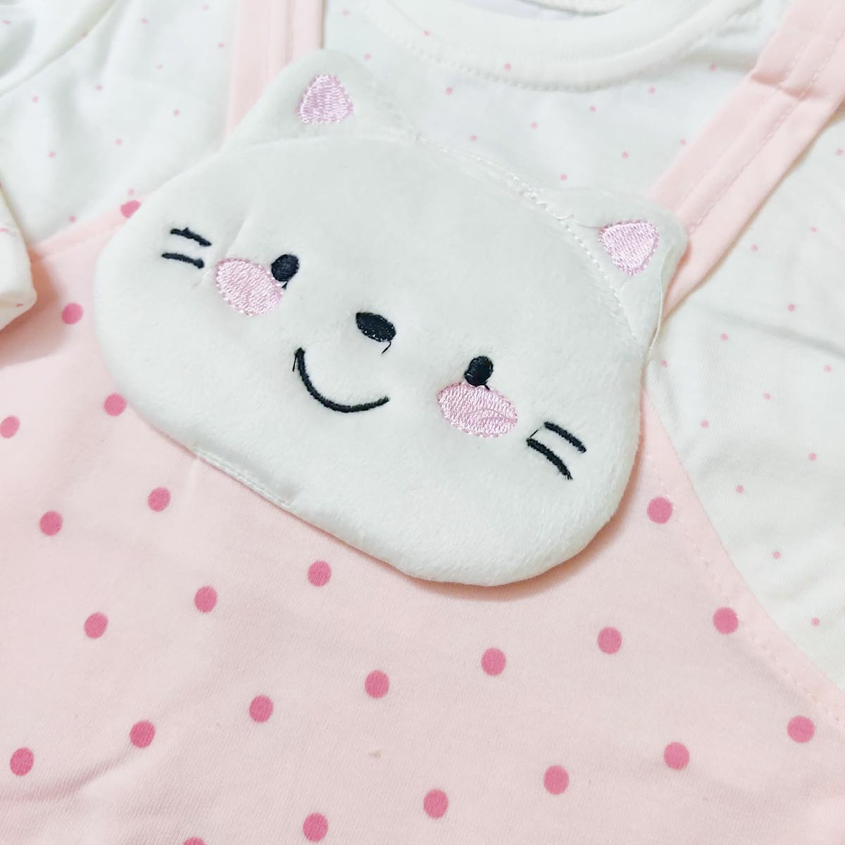 KIDS PINK KITTY POLKA DOT ROMPER WITH CAP