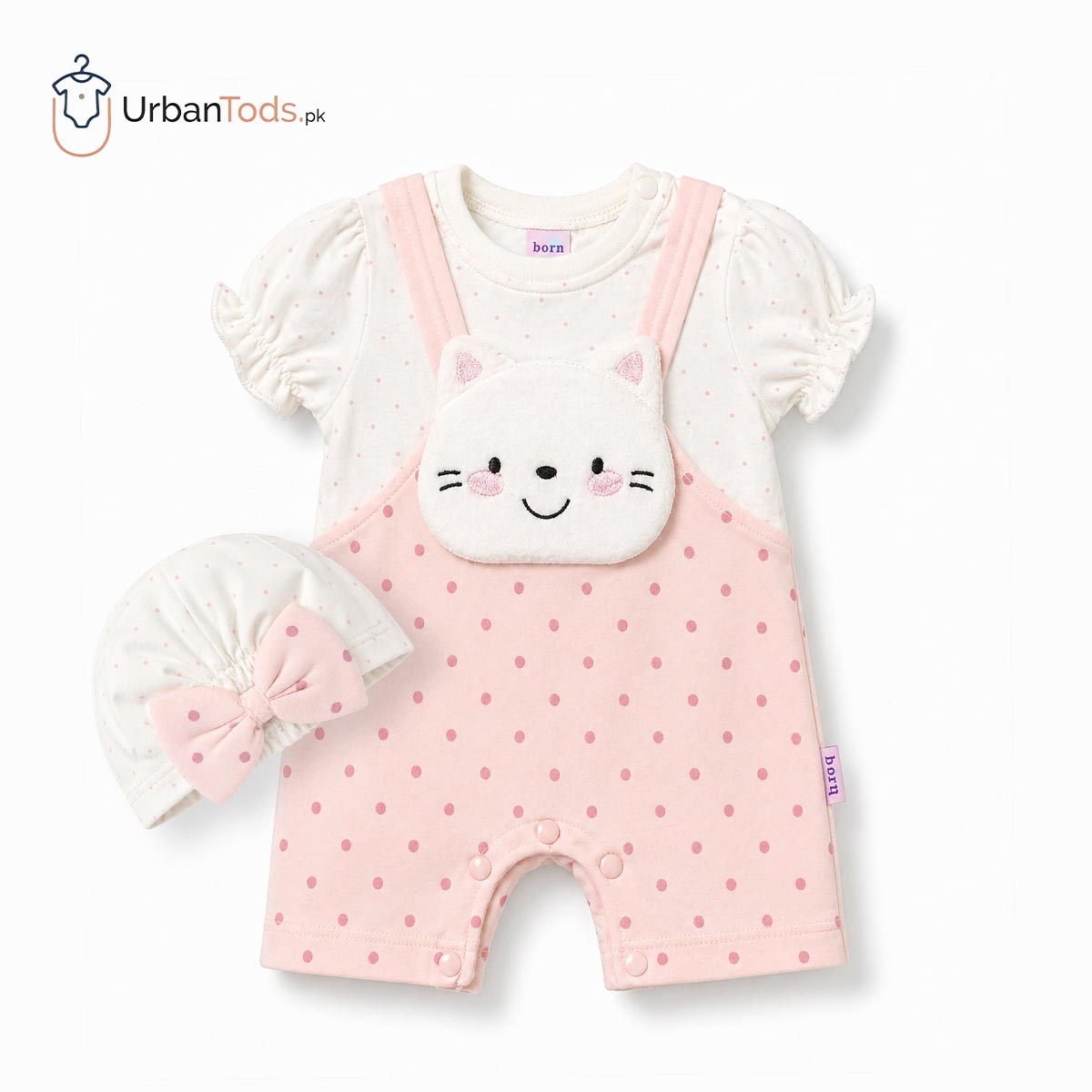 KIDS PINK KITTY POLKA DOT ROMPER WITH CAP