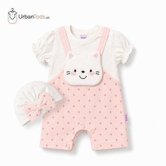 Kids Pink Kitty Polka Dot Romper with Cap